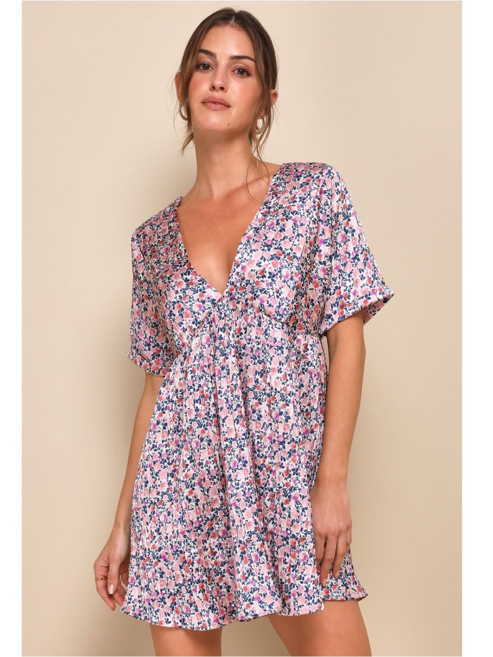 Lulus Express Yourself Blush Pink Floral Print Satin Babydoll Mini Dress Medium